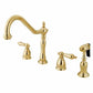 Kingston Brass "Polished Brass" widespread kitchen faucet set on a white background