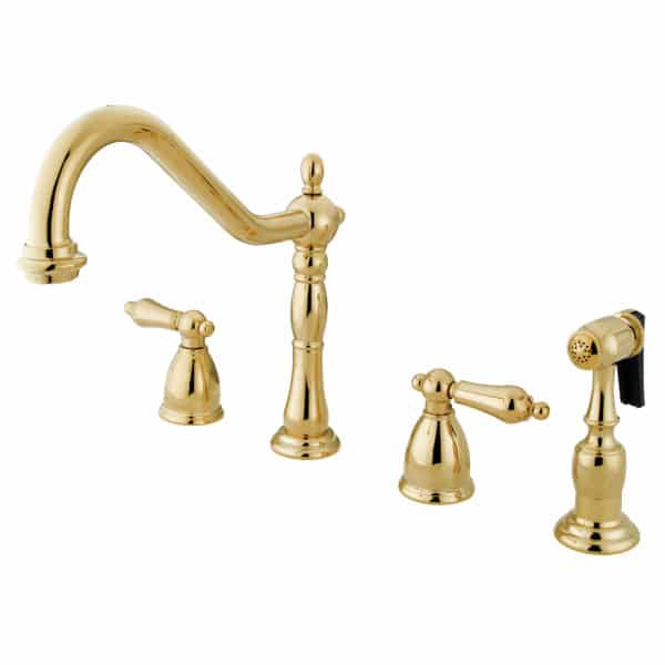 Kingston Brass "Polished Brass" widespread kitchen faucet set on a white background