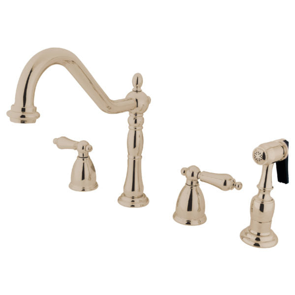 Kingston Brass "Polished Nickel" widespread kitchen faucet set on a white background