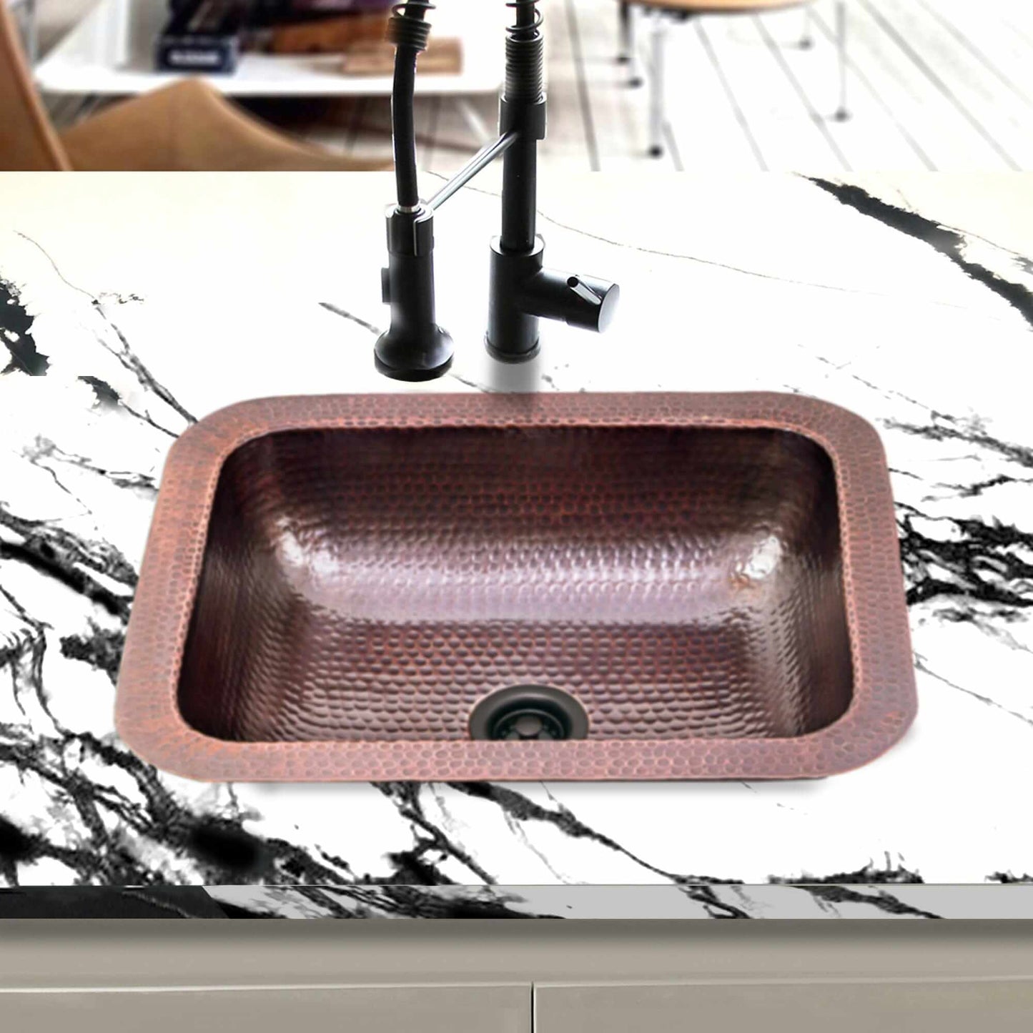 Nantucket Sinks 17" Hammered Copper Rectangle Bar Sink - REHC-2.5 showcased in a modern kitchen countertop.