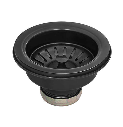 Black kitchen sink drain basket on a white background