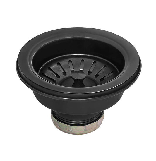 Black kitchen sink drain basket on a white background
