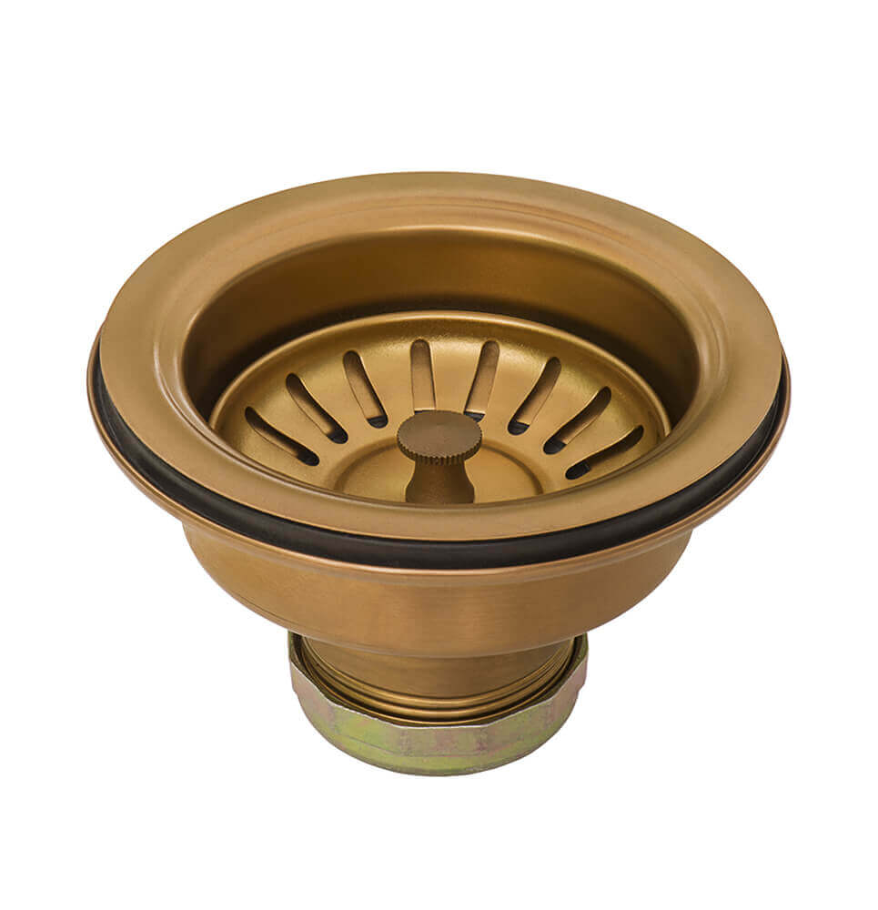 Copper kitchen sink drain strainer on a white background