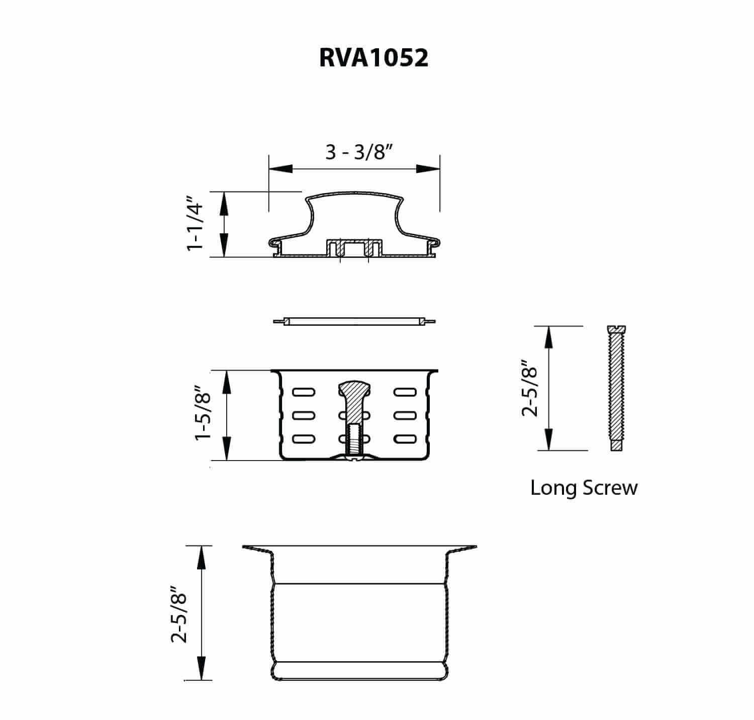 Ruvati RVA1052 Extended Garbage Disposal Flange with Deep Basket Strainer and Stopper dimensions and specifications diagram.