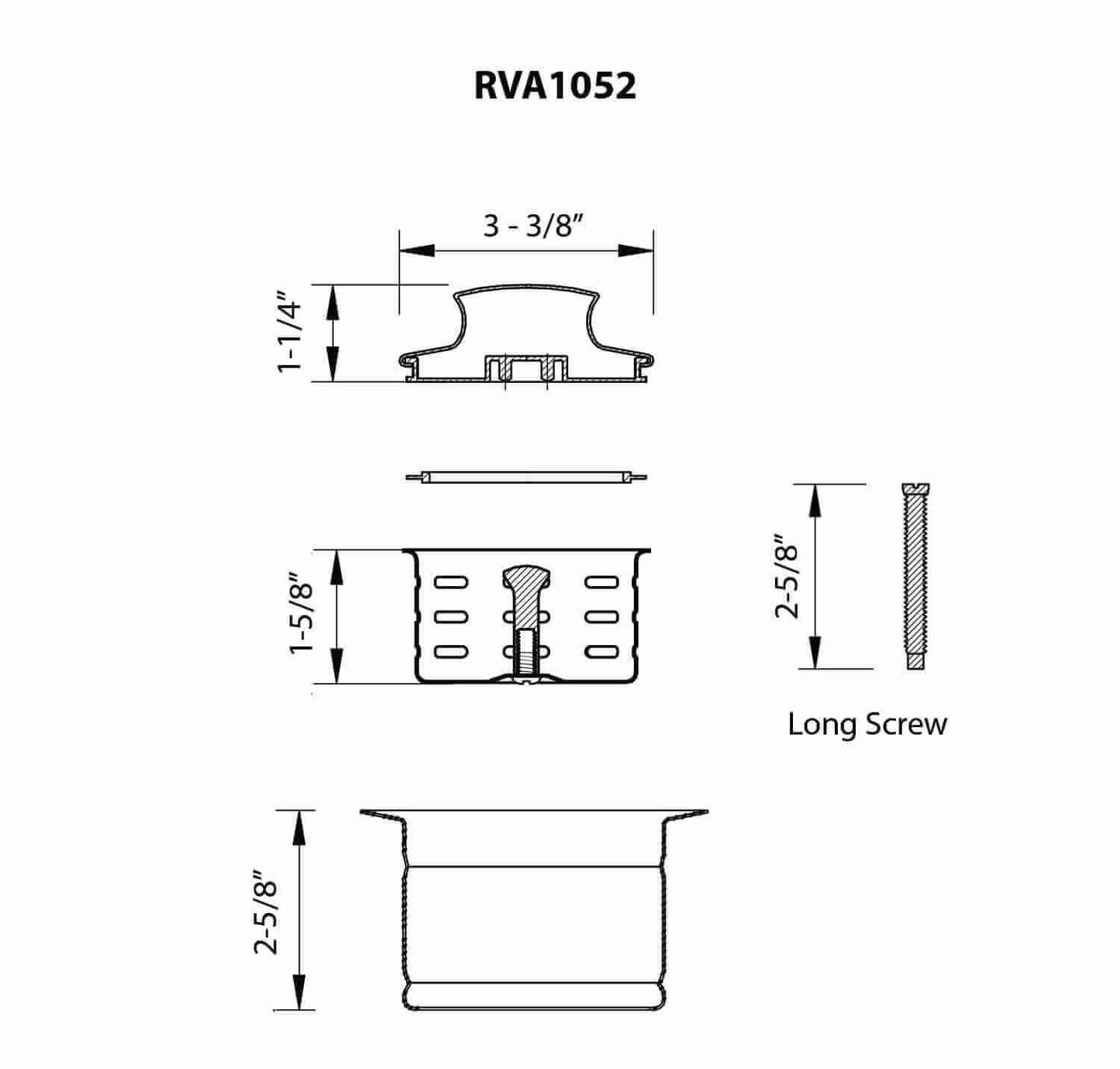 Ruvati RVA1052 Extended Garbage Disposal Flange with Deep Basket Strainer and Stopper dimensions and specifications diagram.