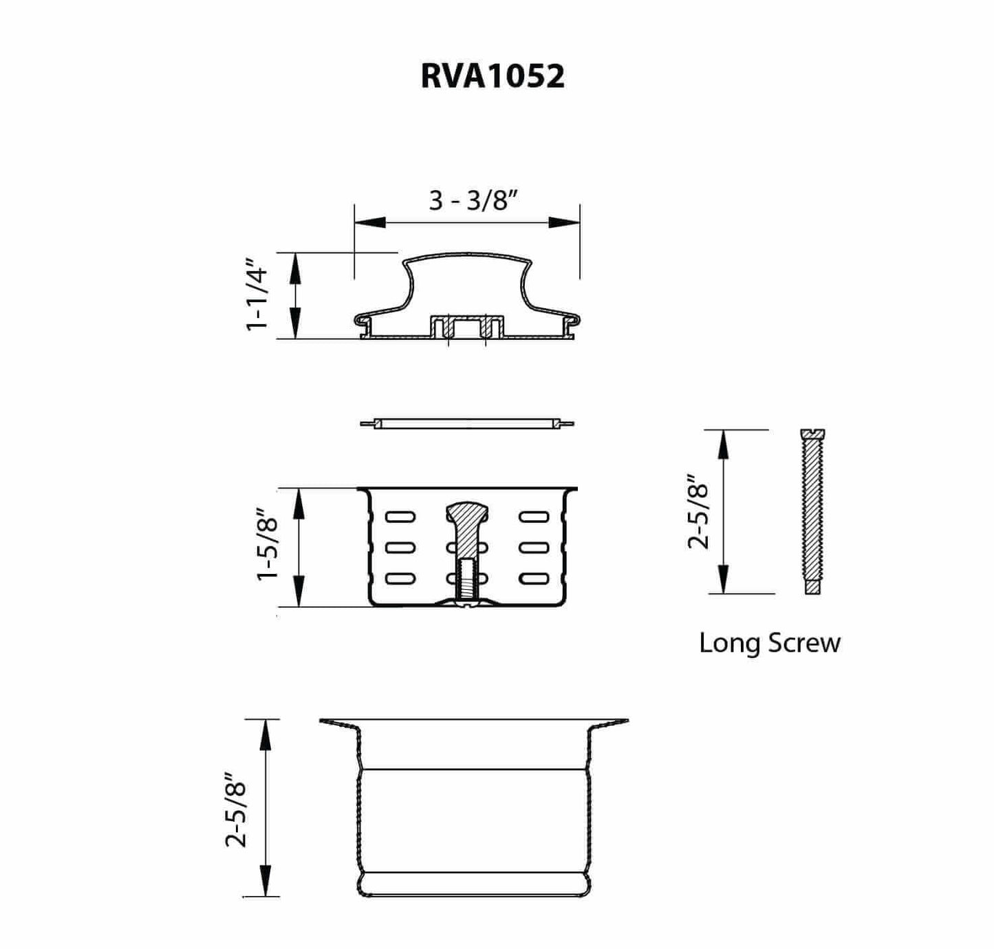 Ruvati RVA1052 Extended Garbage Disposal Flange with Deep Basket Strainer and Stopper dimensions and specifications diagram.