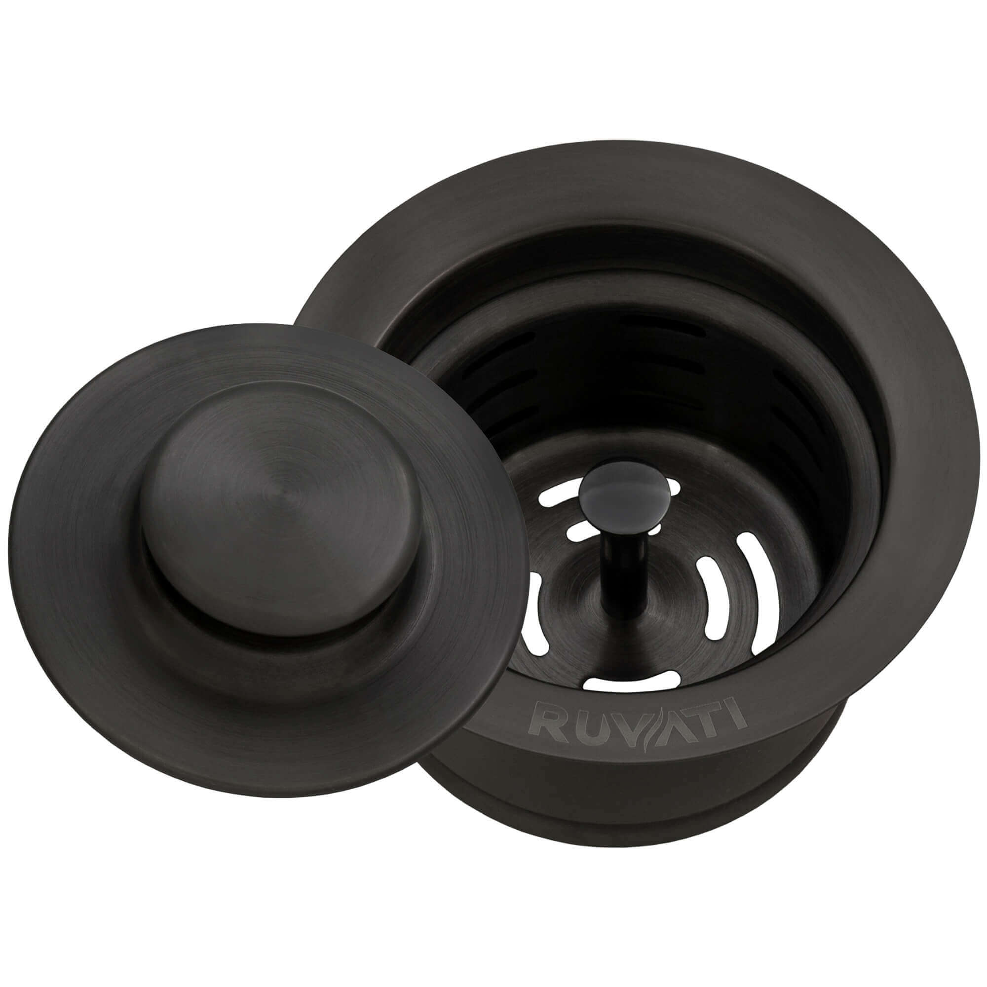 Ruvati RVA1052 Extended Garbage Disposal Flange with Deep Basket Strainer and Stopper in Gunmetal Black finish.