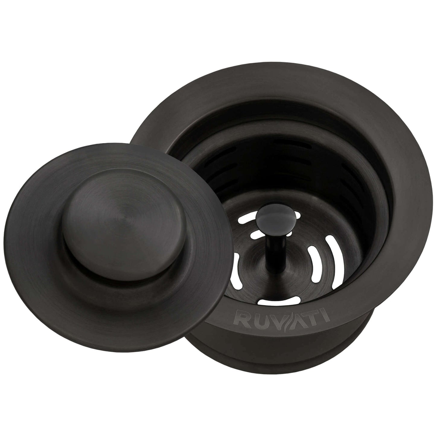 Ruvati RVA1052 Extended Garbage Disposal Flange with Deep Basket Strainer and Stopper in Gunmetal Black finish.