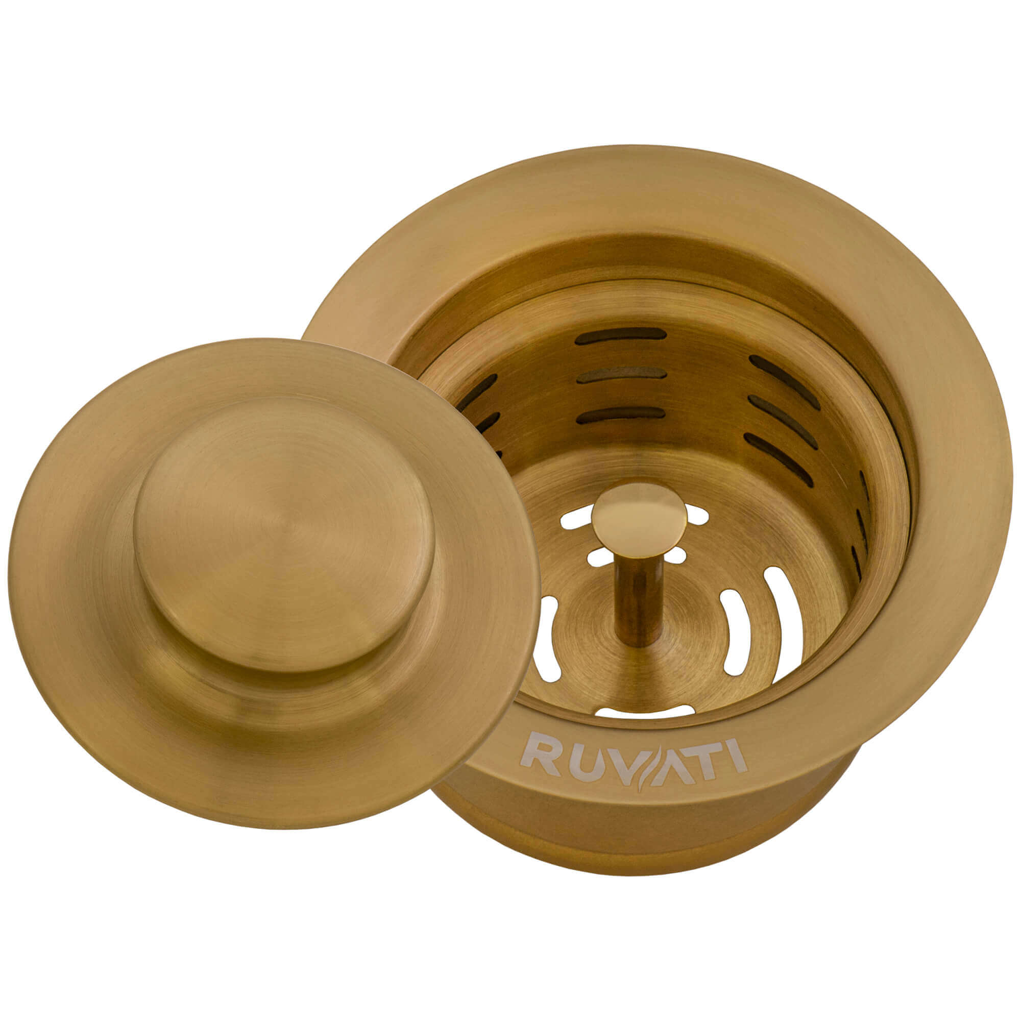 Ruvati RVA1052 Extended Garbage Disposal Flange with Deep Basket Strainer and Stopper in Brushed Gold finish.