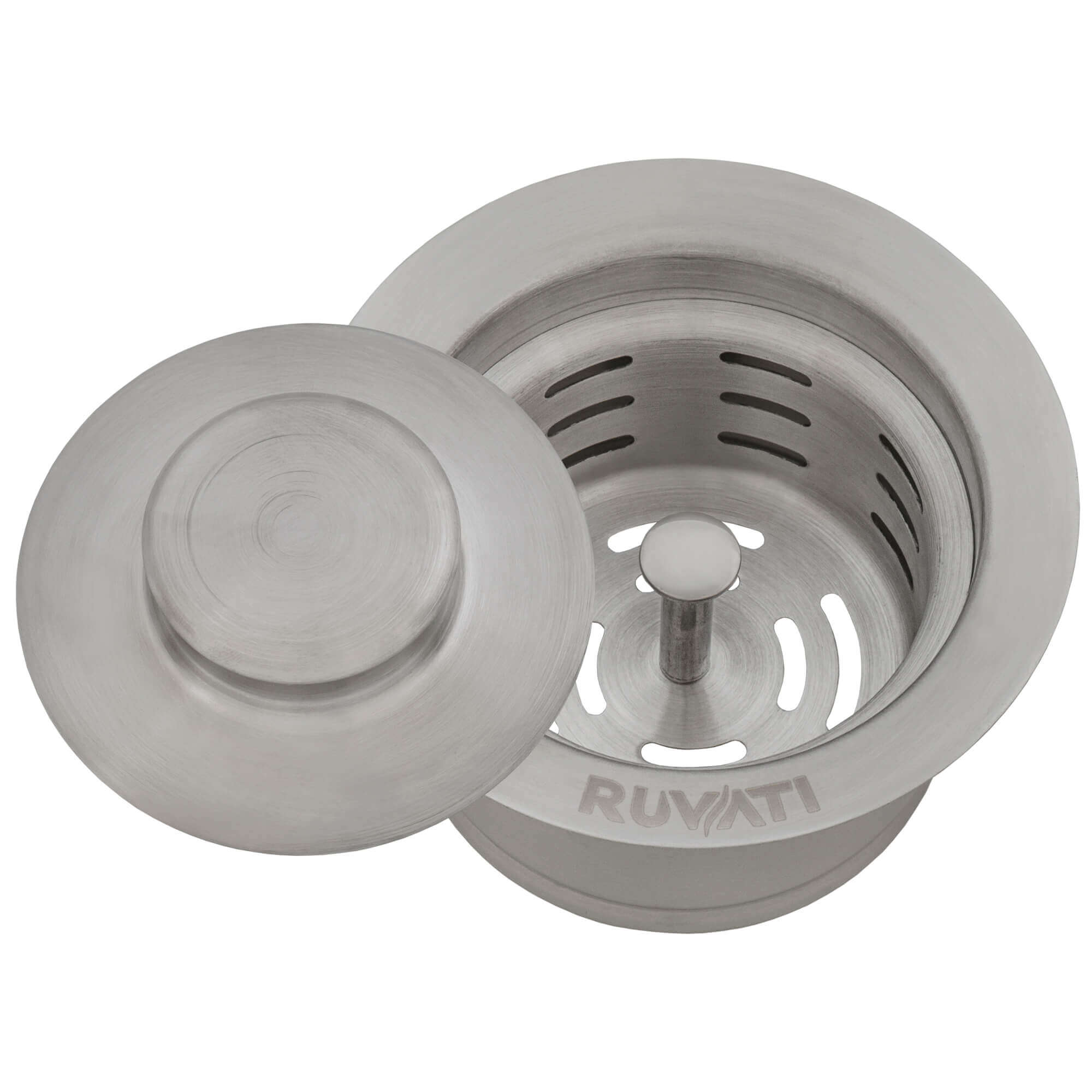 Ruvati RVA1052 Extended Garbage Disposal Flange with Deep Basket Strainer and Stopper in stainless steel finish.