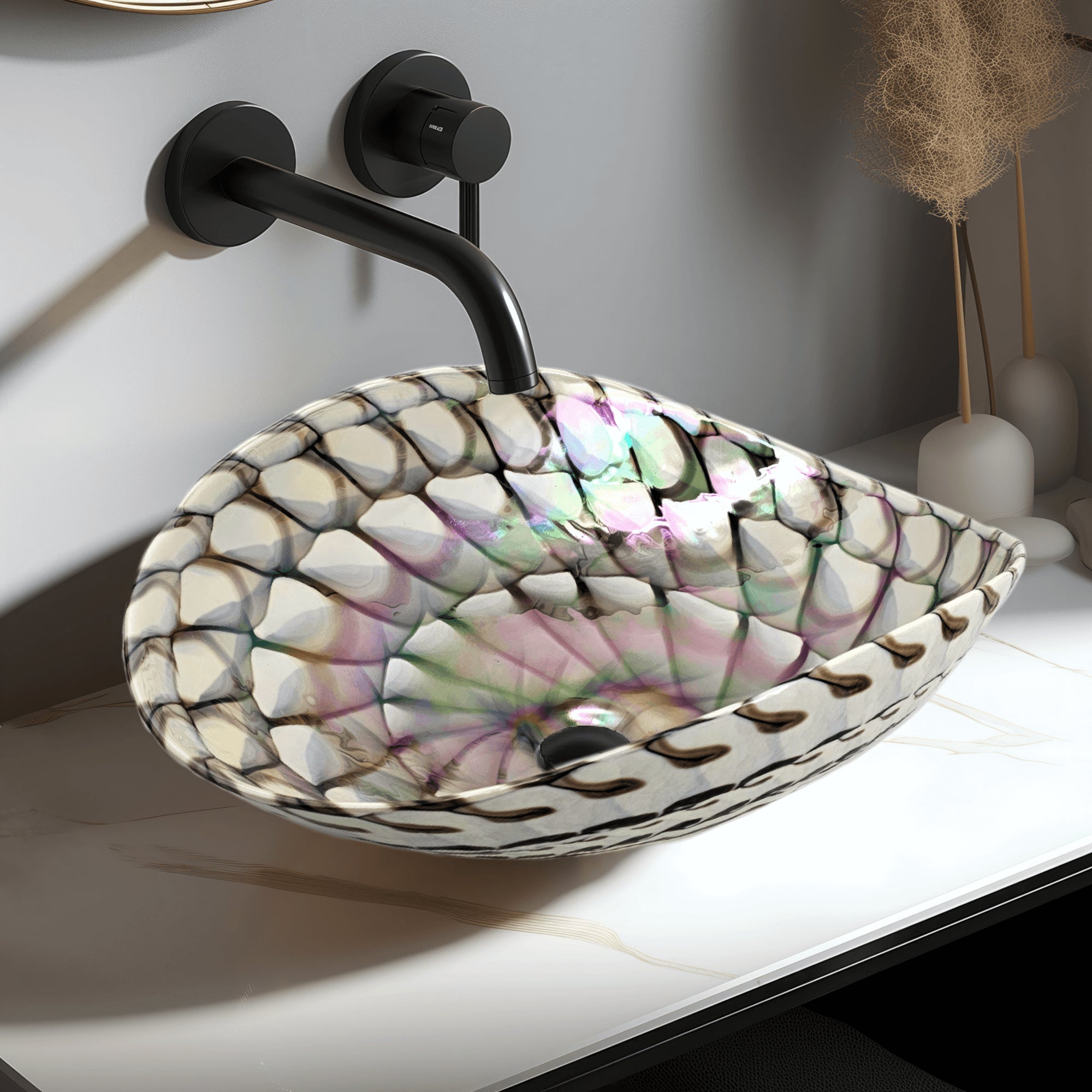 Ruvati Murano 19 inch seashell glass vessel bathroom sink in Nautilus Brown, RVB3022
