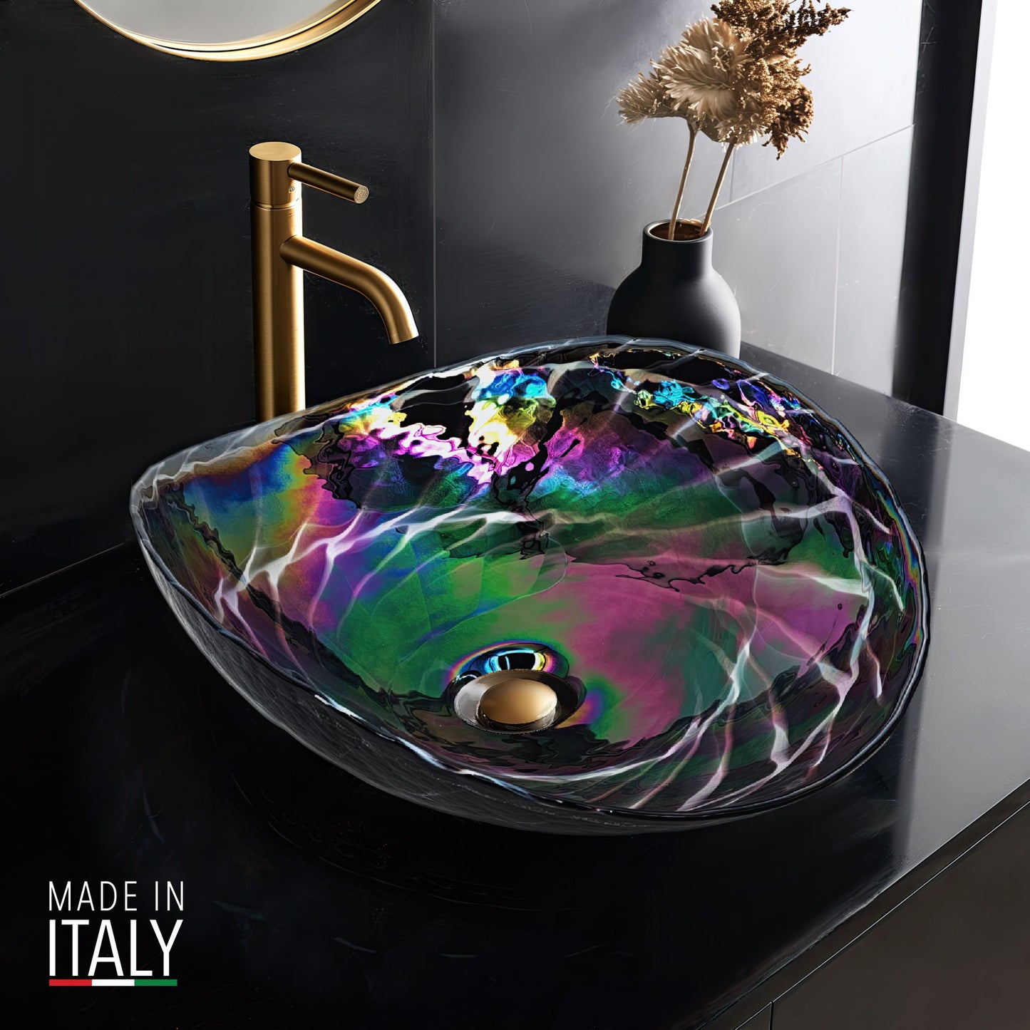 Ruvati Murano 19 inch seashell glass vessel bathroom sink in Cosmic Black, RVB3048