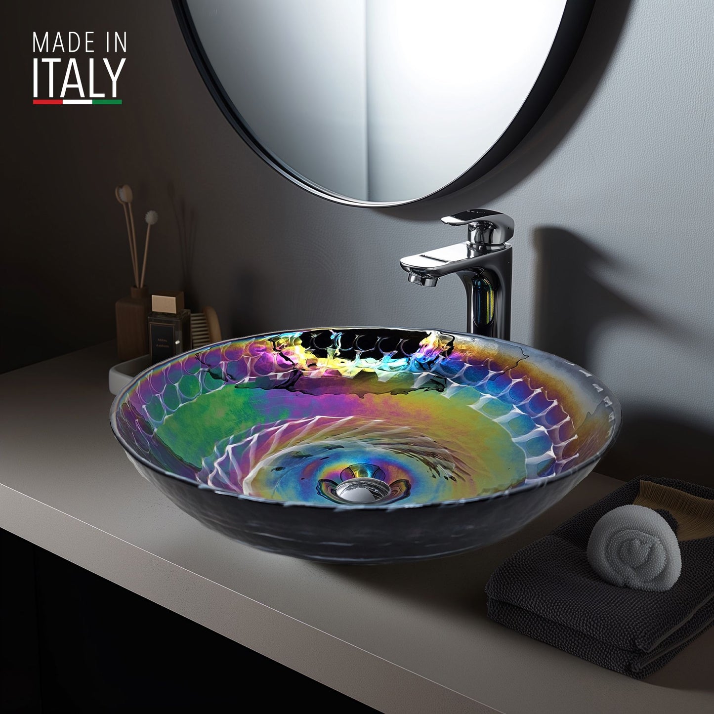 Ruvati Murano 16 inch round glass vessel bathroom sink in Cosmic Black, RVB3049
