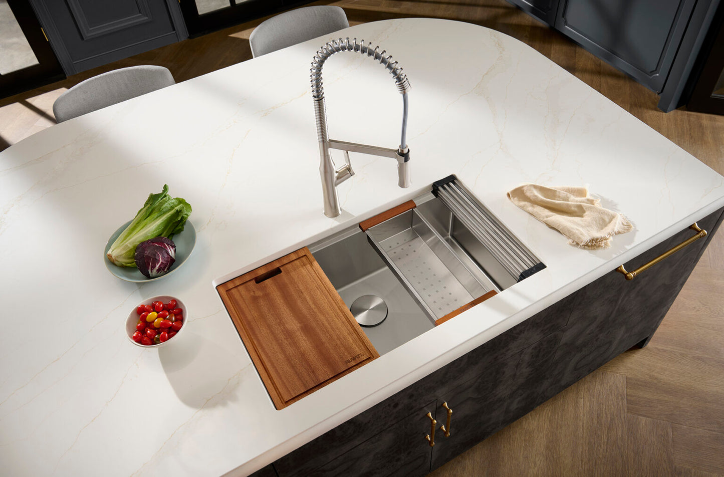 Ruvati RVF1233 Bianca Single-Handle Tall High-Arc Commercial Kitchen Faucet with Pre-Rinse Sprayer in modern kitchen setting.