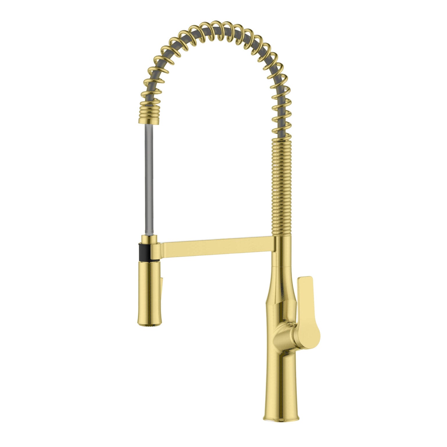 Ruvati RVF1233 Bianca Single-Handle Tall High-Arc Commercial Kitchen Faucet with Pre-Rinse Sprayer in Brushed Gold finish.