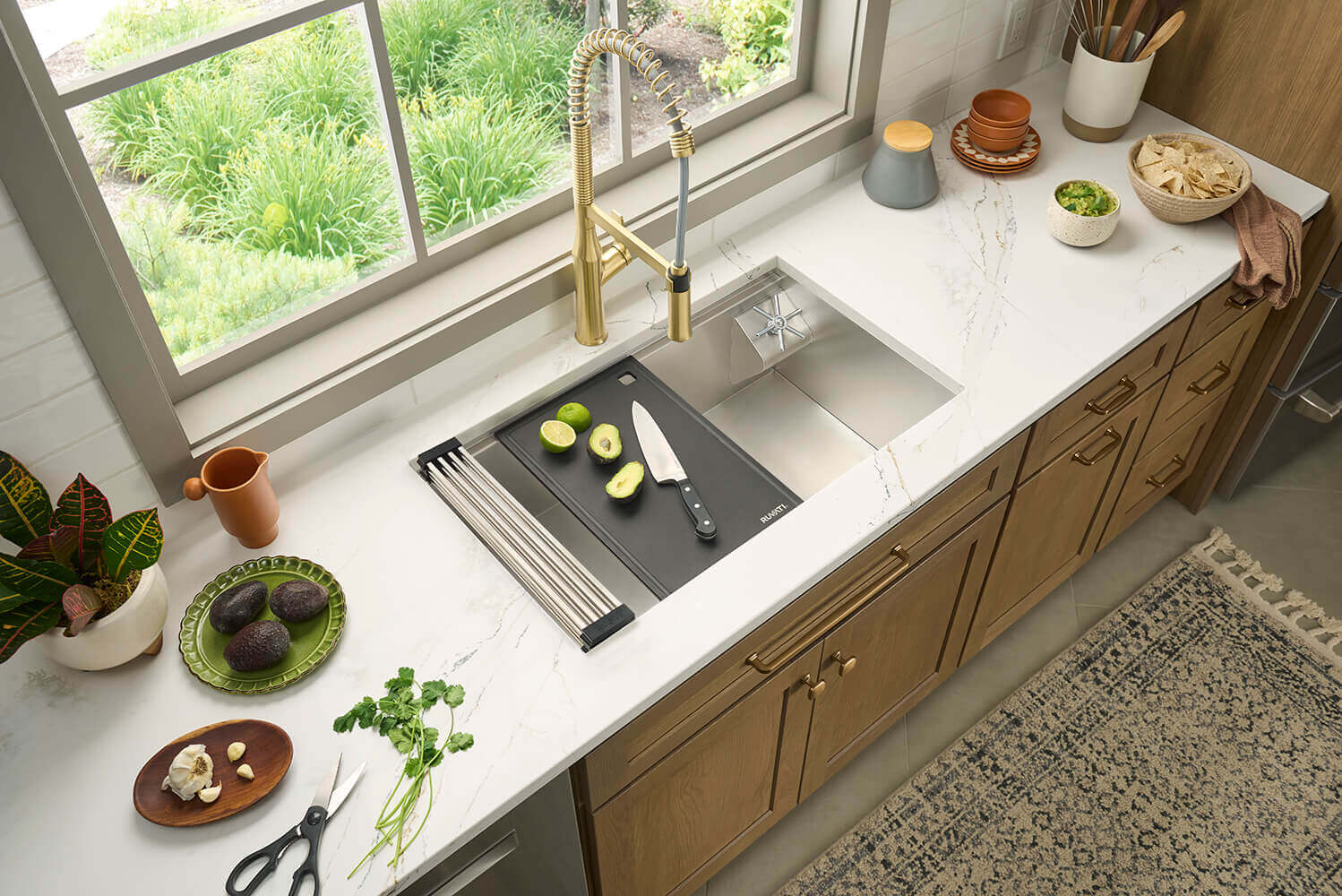 Ruvati RVF1233 Bianca Single-Handle Tall High-Arc Commercial Kitchen Faucet with Pre-Rinse Sprayer in modern kitchen setting