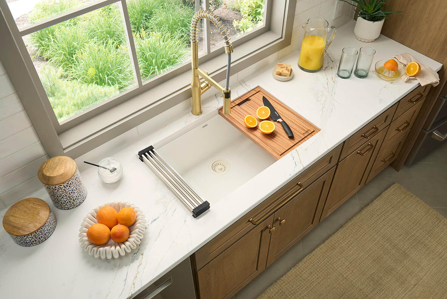 Ruvati RVF1233 Bianca Single-Handle Tall High-Arc Commercial Kitchen Faucet with Pre-Rinse Sprayer in modern kitchen setting.