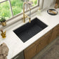 Ruvati RVF1233 Bianca Single-Handle Tall High-Arc Commercial Kitchen Faucet with Pre-Rinse Sprayer installed in modern kitchen.