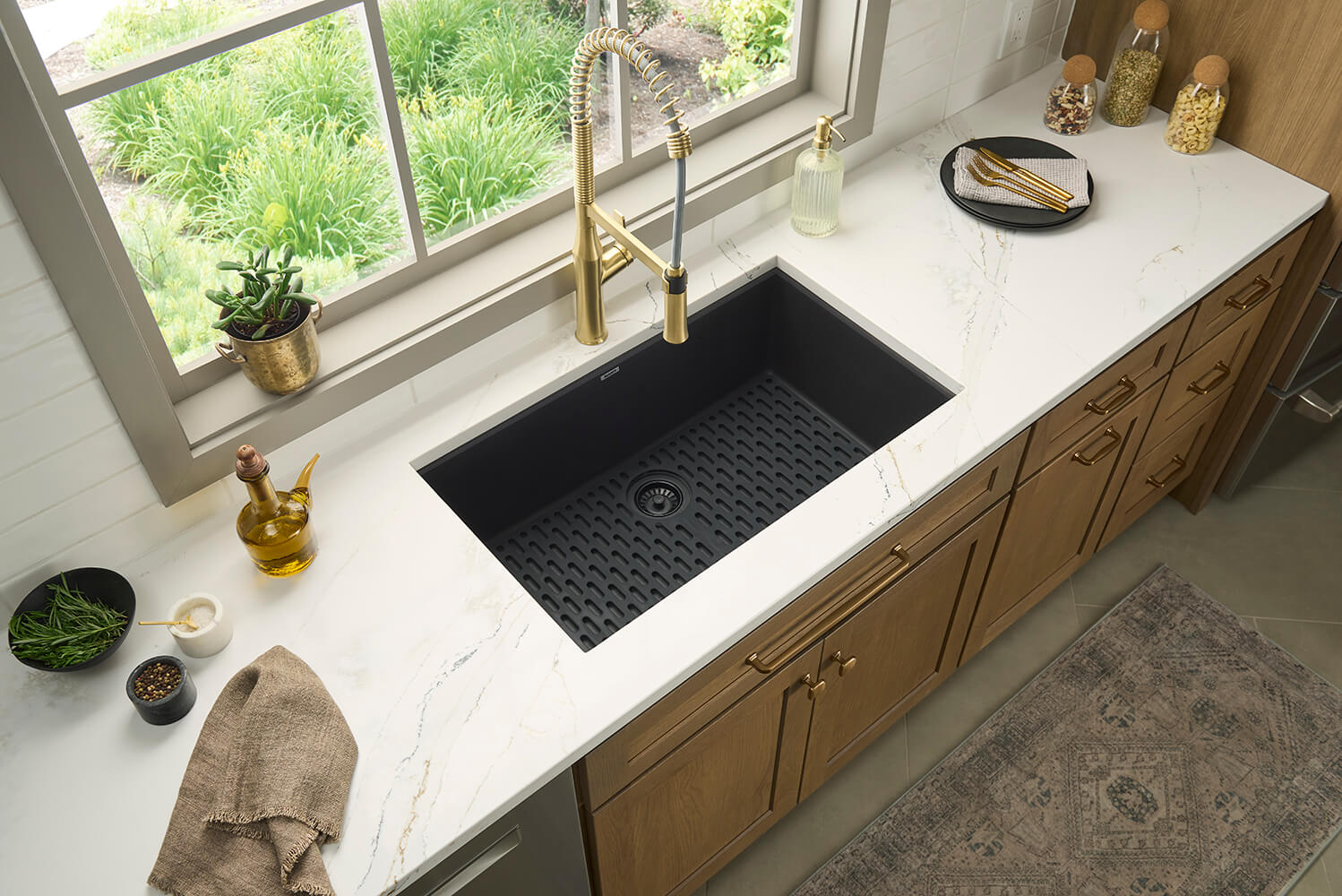 Ruvati RVF1233 Bianca Single-Handle Tall High-Arc Commercial Kitchen Faucet with Pre-Rinse Sprayer installed in modern kitchen.