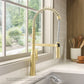 Ruvati RVF1233 Bianca Single-Handle Tall High-Arc Commercial Kitchen Faucet with Pre-Rinse Sprayer in Brushed Gold finish.