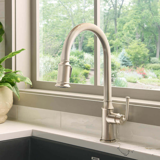 Ruvati RVF1234 Simoni Single-Handle Pull-Down Kitchen Faucet — Traditional Farmhouse Style in brushed nickel finish.