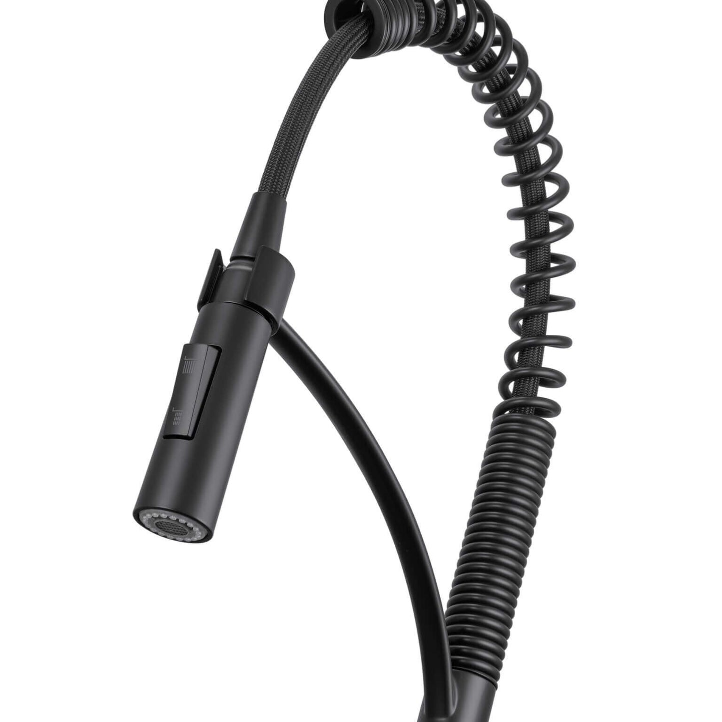 Ruvati RVF1236 Seneca Single-Handle Spring Pull-Down Kitchen Faucet with Pre-Rinse Sprayer in Matte Black finish.