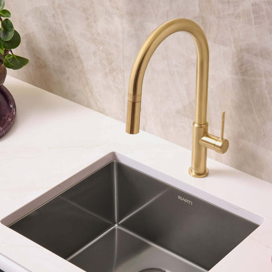 Ruvati RVF1237 Vestia Single-Handle Pull-Down Kitchen Faucet with Knurl Detail in Brushed Gold.