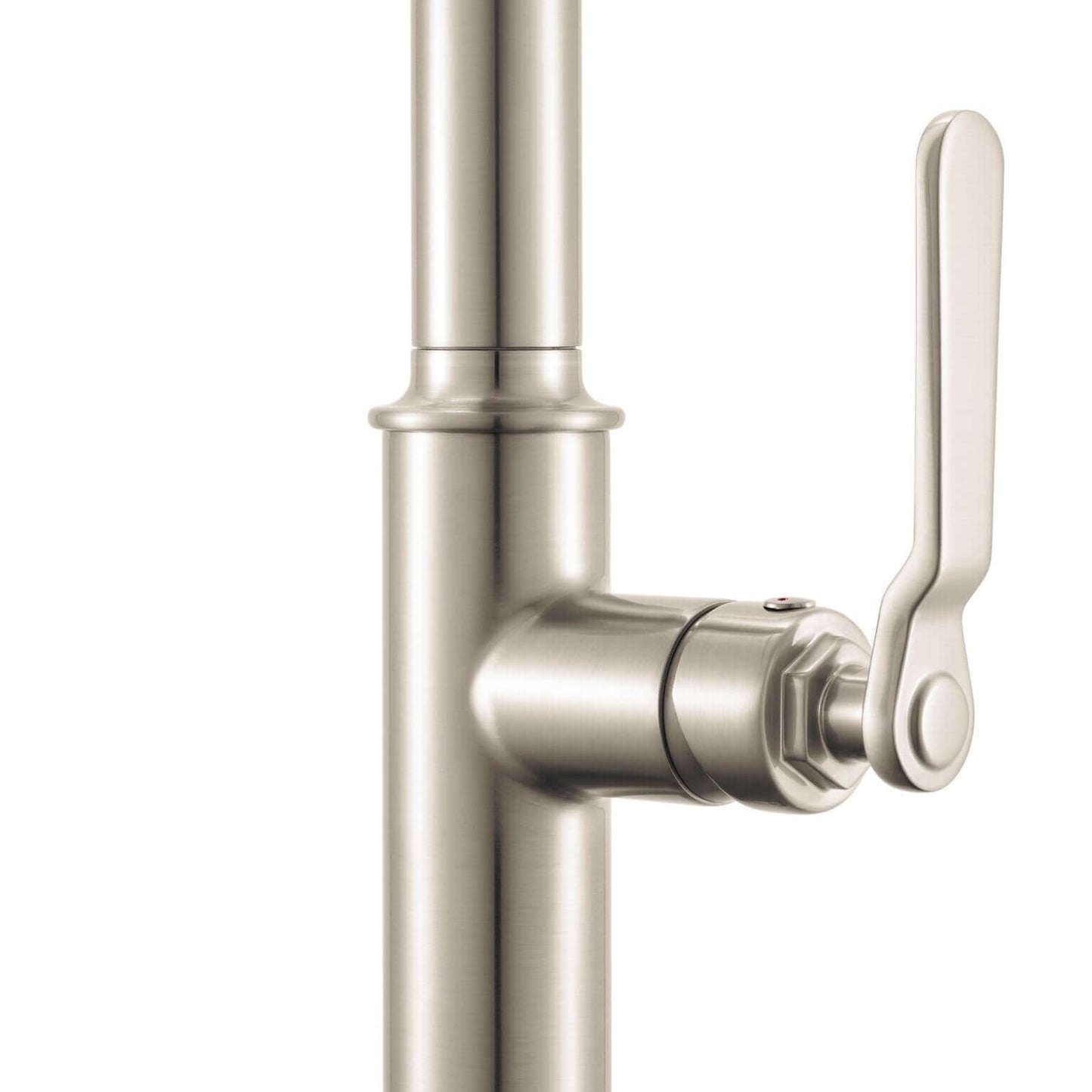 Ruvati RVF1238 Seneca Single-Handle Pre-Rinse High-Arc Kitchen Faucet in Stainless Steel, close-up of handle and spout.