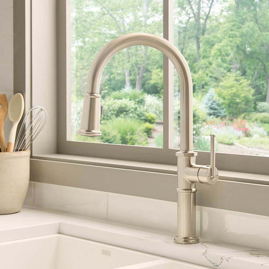 Ruvati RVF1239 Idris Single-Handle Pull-Down High-Arc Gooseneck Kitchen Faucet in a stylish kitchen setting.