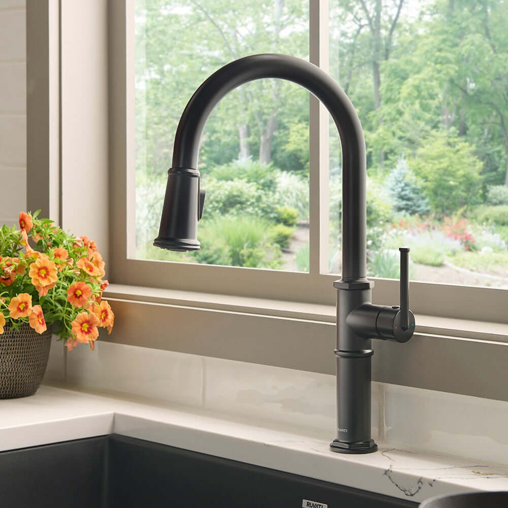 Ruvati RVF1239 Idris Single-Handle Pull-Down High-Arc Gooseneck Kitchen Faucet in Matte Black finish.