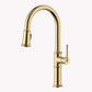 Ruvati RVF1239 Idris Single-Handle Pull-Down High-Arc Gooseneck Kitchen Faucet in Brushed Gold finish.