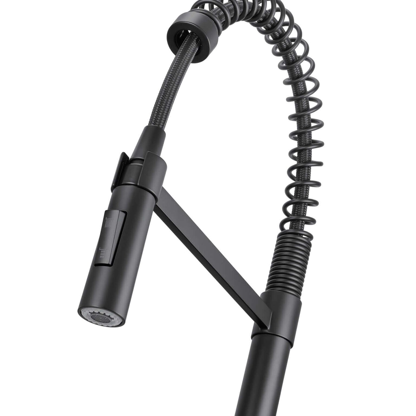 Ruvati RVF1243 Seneca Single-Handle Pull-Down Pull-Out Spring Kitchen Faucet coiled spring and detachable sprayer in Matte Black.