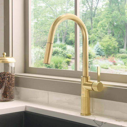 Ruvati RVF1248 Isola Single-Handle Pull-Out Kitchen Faucet with Knurl Detail in Brushed Gold finish.