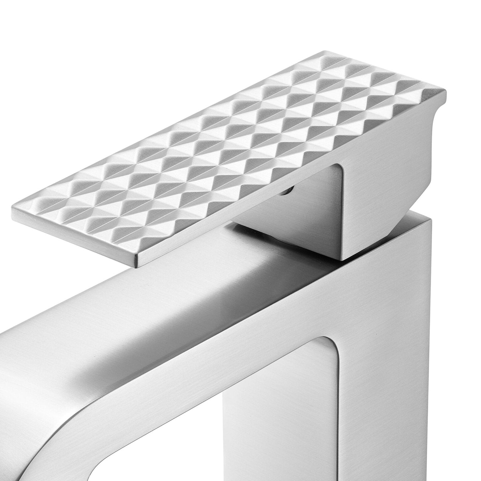 Ruvati RVF5132 Decora Single-Handle Square Bathroom Faucet in Brushed Nickel close-up showing textured handle.