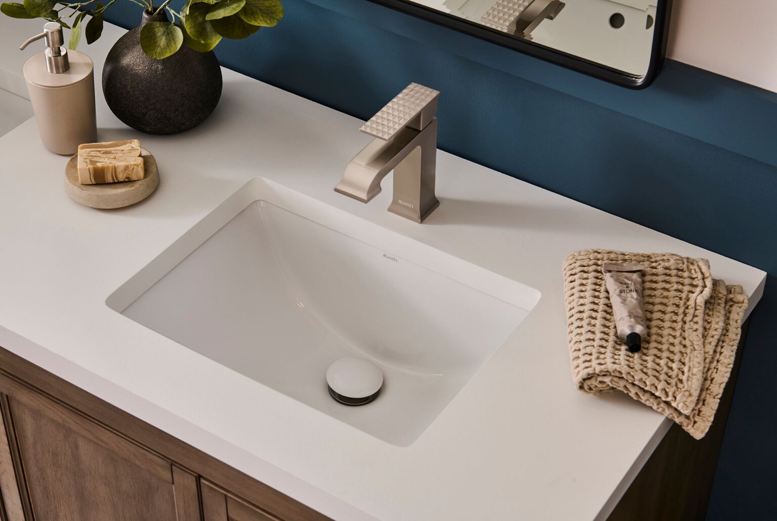 Ruvati RVF5132 Decora Single-Handle Square Bathroom Faucet in Brushed Nickel installed on a modern vanity.