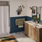 A modern bathroom featuring a Ruvati RVF5132 Decora Single-Handle Square Bathroom Faucet in Brushed Nickel, stylish decor.