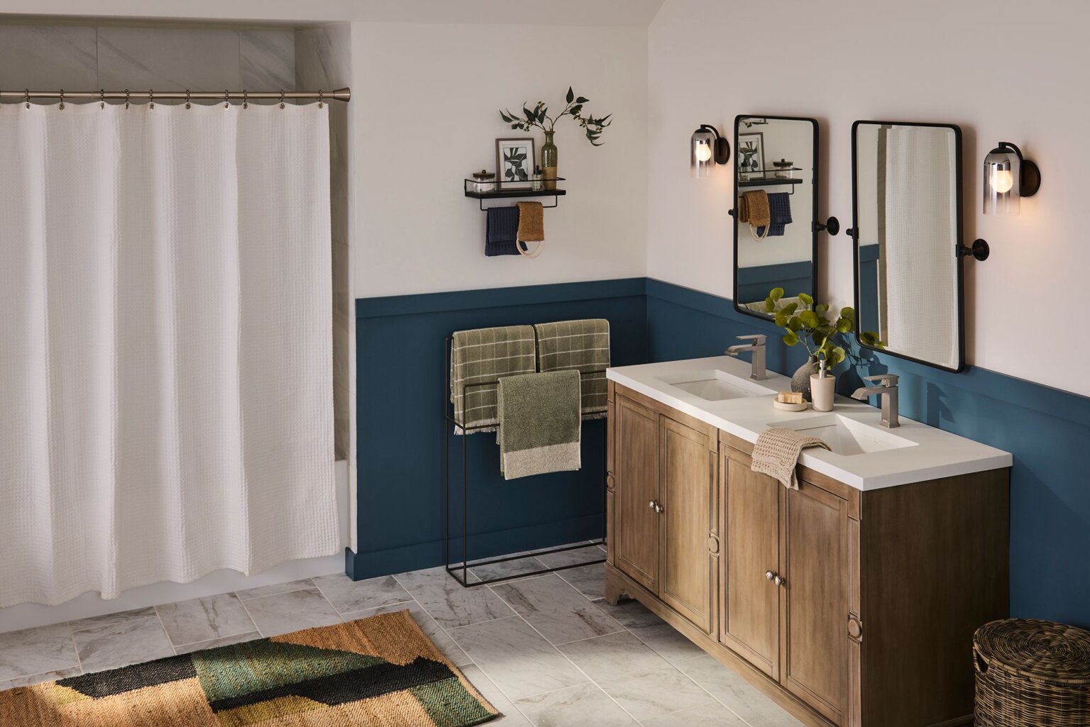 A modern bathroom featuring a Ruvati RVF5132 Decora Single-Handle Square Bathroom Faucet in Brushed Nickel, stylish decor.