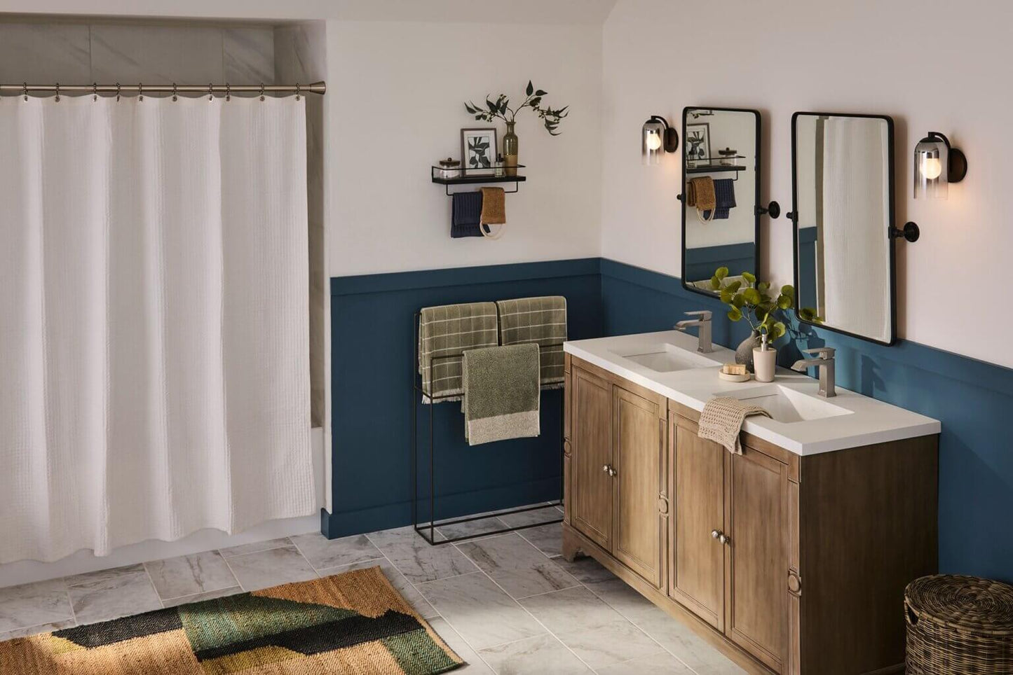 A modern bathroom featuring a Ruvati RVF5132 Decora Single-Handle Square Bathroom Faucet in Brushed Nickel, stylish decor.