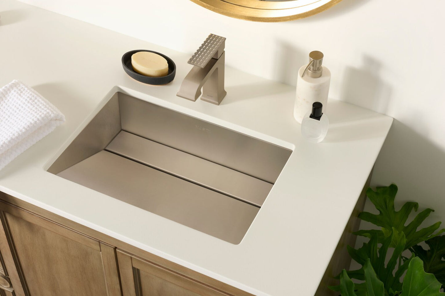 Ruvati RVF5132 Decora Single-Handle Square Bathroom Faucet in Brushed Nickel above a stylish sink.
