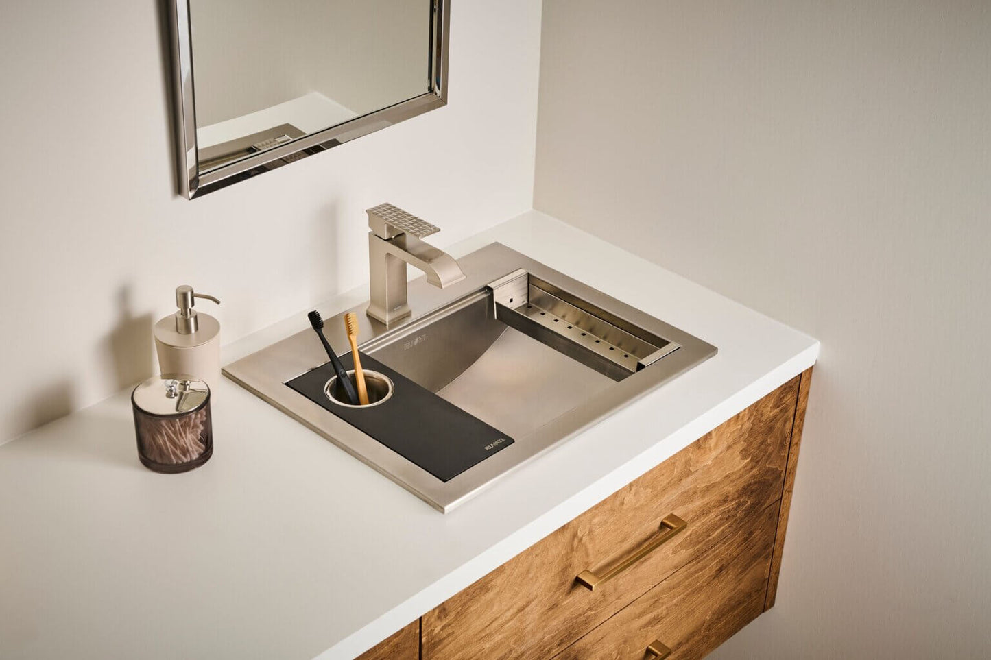 Ruvati RVF5132 Decora Single-Handle Square Bathroom Faucet in Brushed Nickel displayed on a modern bathroom countertop.