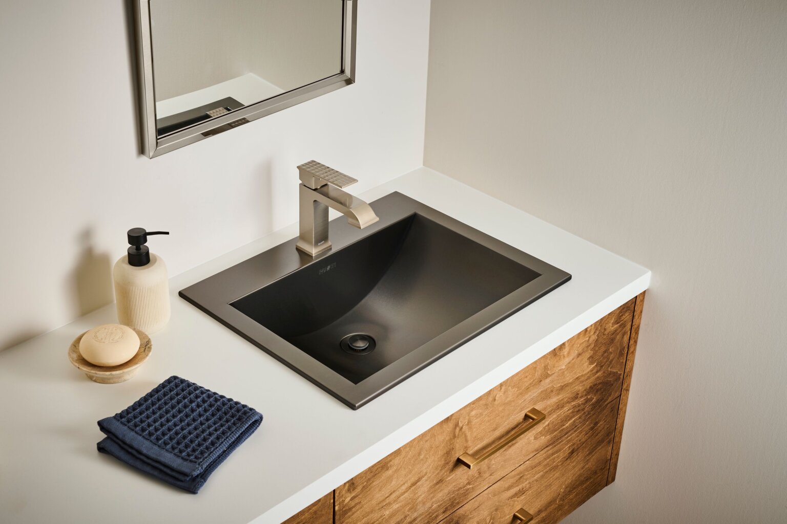 Ruvati RVF5132 Decora Single-Handle Square Bathroom Faucet in Brushed Nickel installed in modern bathroom sink setup.