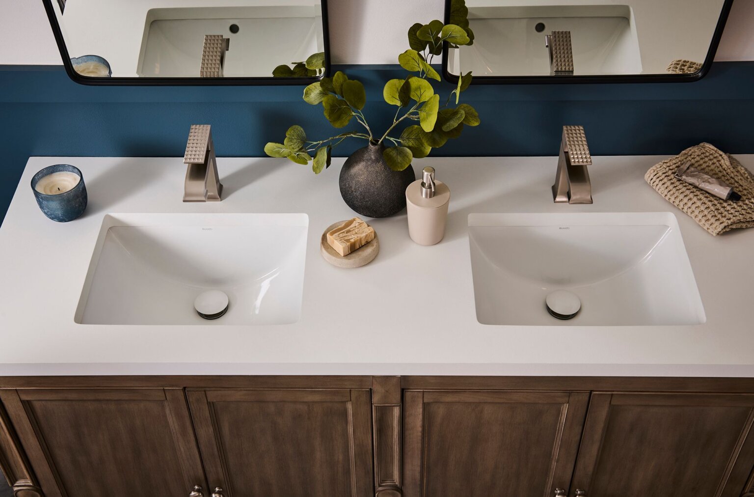 Ruvati RVF5132 Decora Single-Handle Square Bathroom Faucet in Brushed Nickel showcased in a modern bathroom setup.