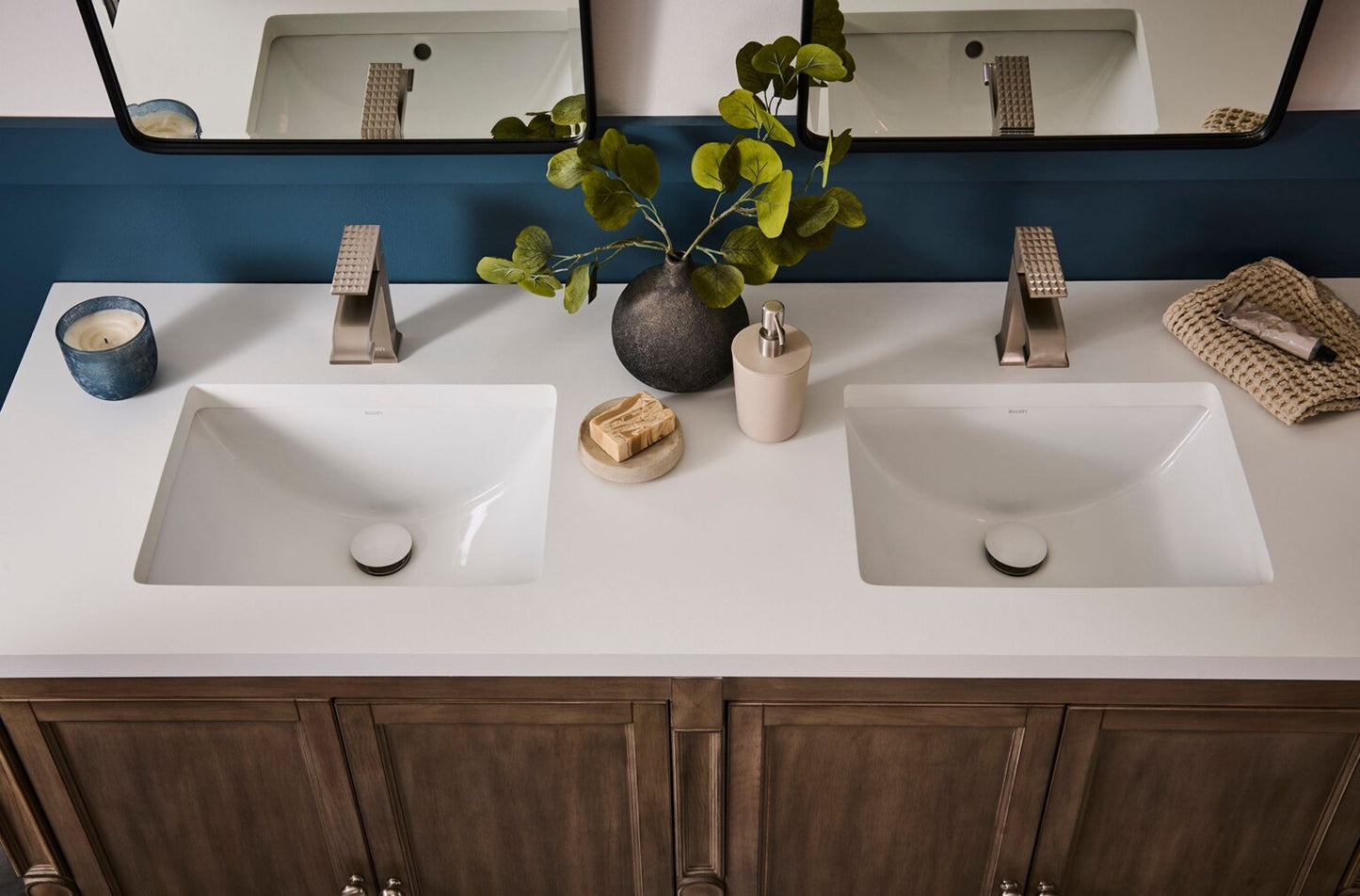 Ruvati RVF5132 Decora Single-Handle Square Bathroom Faucet in Brushed Nickel showcased in a modern bathroom setup.
