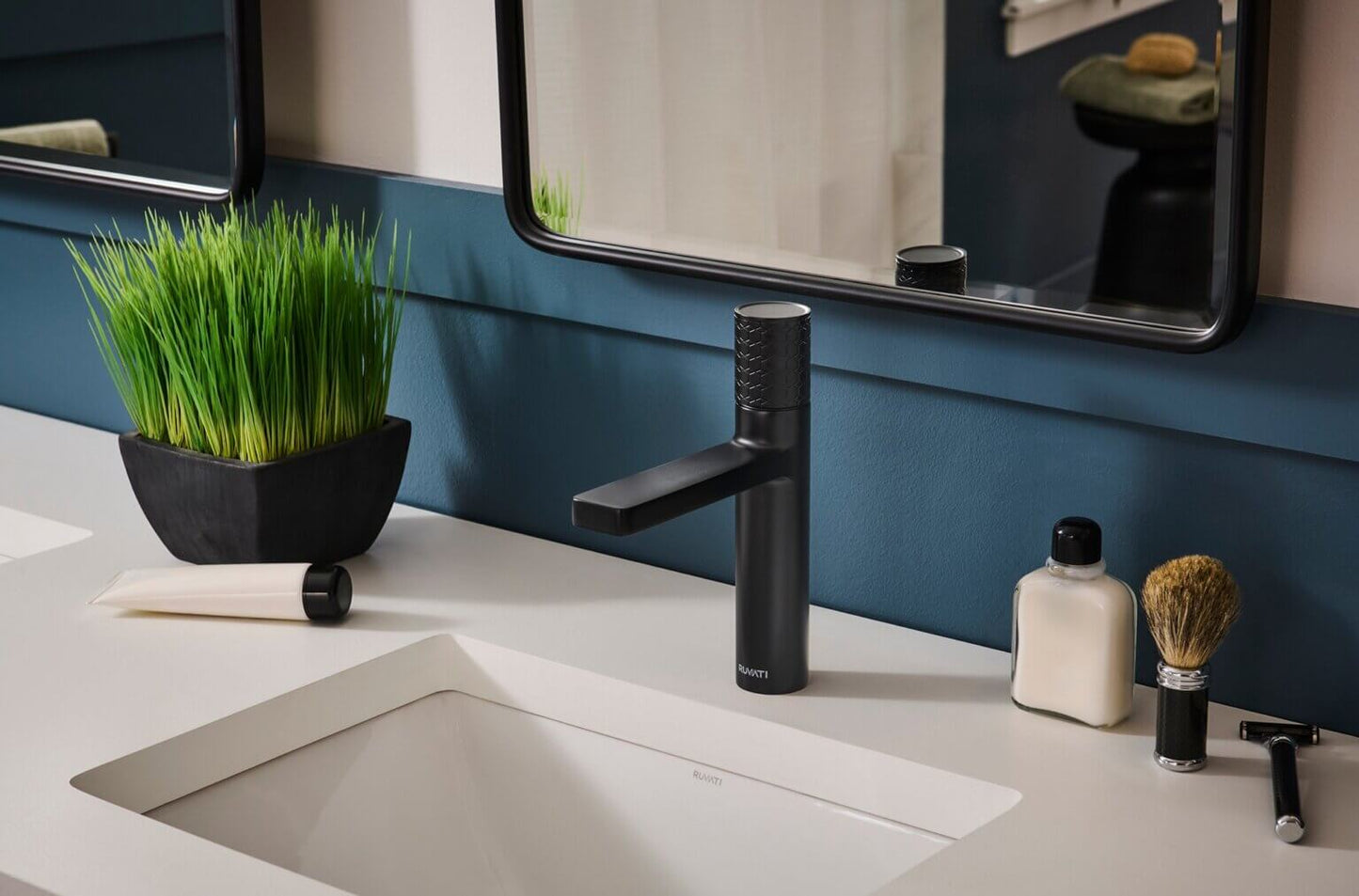 Ruvati RVF5133 Emilio Single-Handle Bathroom Faucet with Diamond Pattern Handle in a modern bathroom setting.