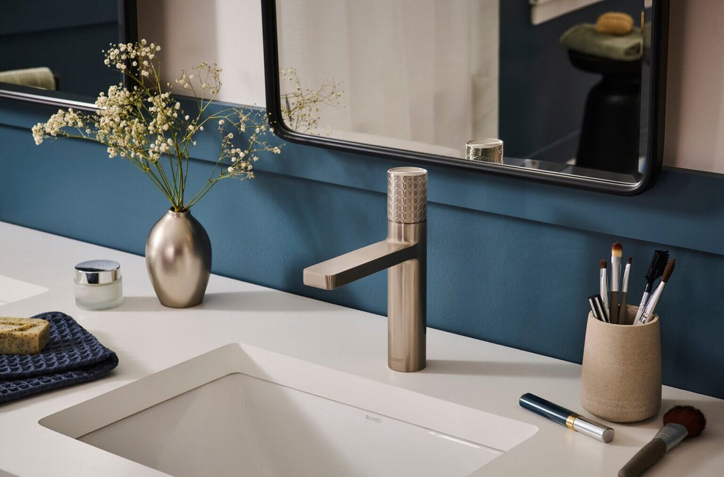 Ruvati RVF5133 Emilio Single-Handle Bathroom Faucet with Diamond Pattern Handle in a modern bathroom setting.