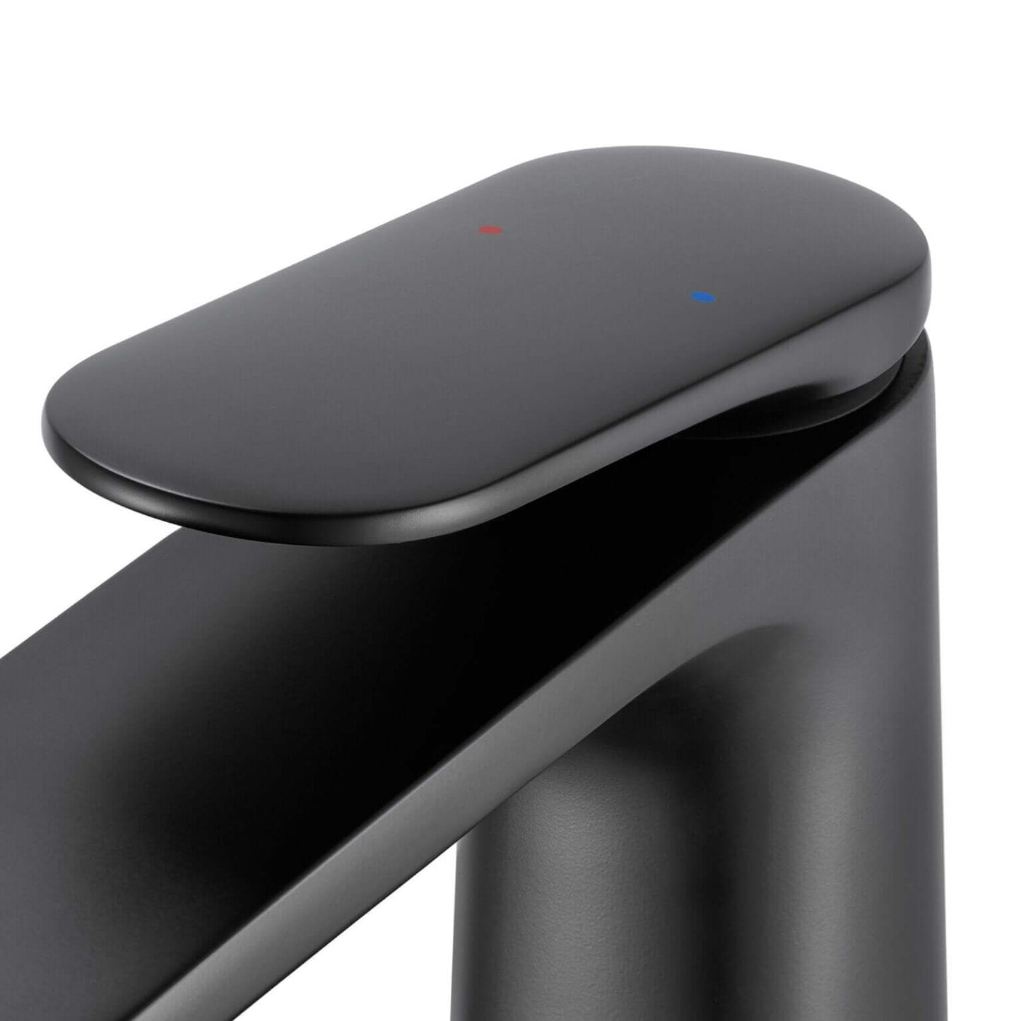 Ruvati RVF5136 Este Single-Handle Tall Vessel Bathroom Faucet handle with red and blue indicator dots.