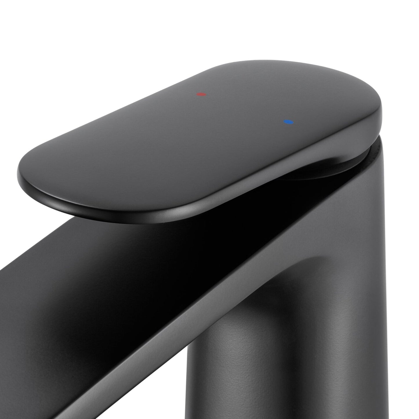 Ruvati RVF5136 Este Single-Handle Tall Vessel Bathroom Faucet handle with red and blue indicator dots.