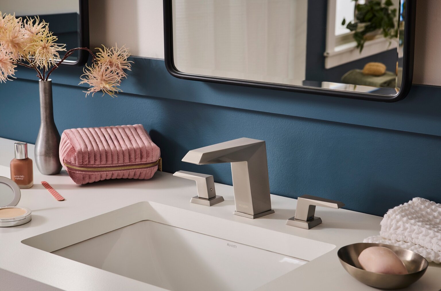 Ruvati RVF5231 Tropea Two-Handle Widespread Bathroom Faucet in Brushed Nickel with modern bathroom sink setup.