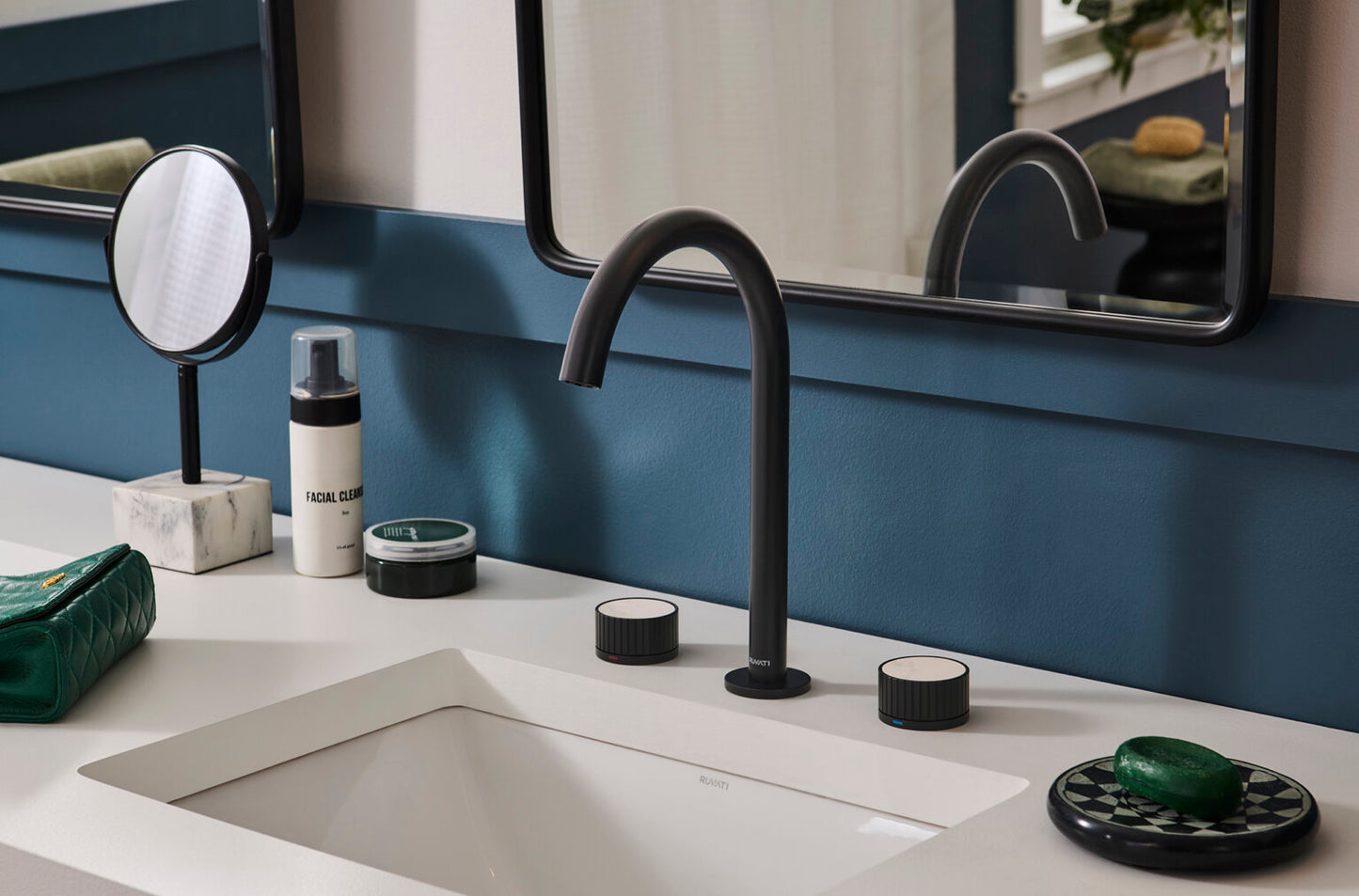 Ruvati RVF5232 Athena Two-Handle Widespread Bathroom Faucet with Stone Detail in a modern bathroom setting.