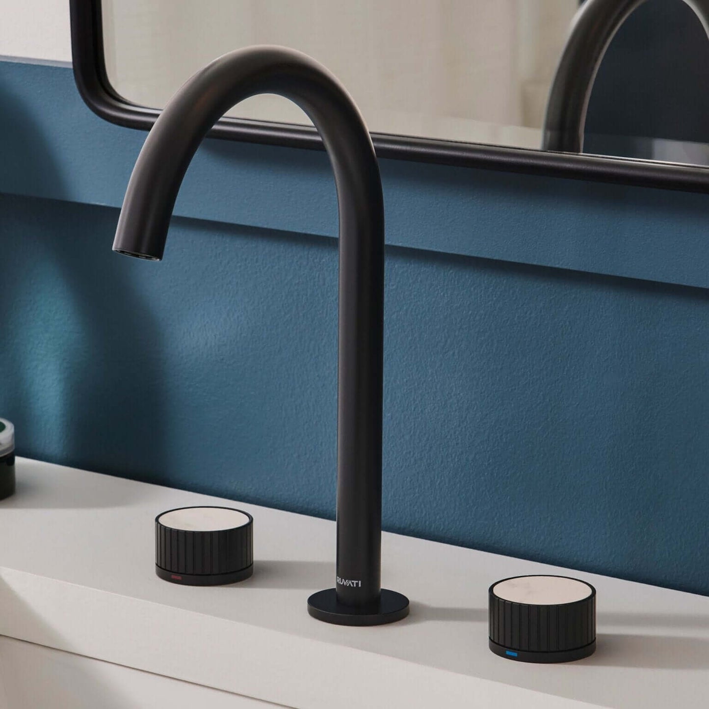 Ruvati RVF5232 Athena Two-Handle Widespread Bathroom Faucet with Stone Detail in Matte Black finish.